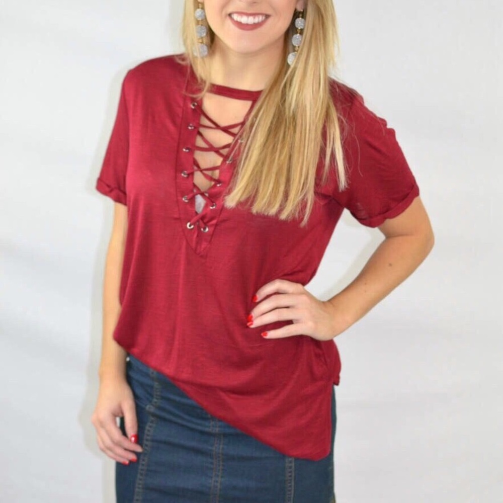 Burgundy Lace-Up Tee